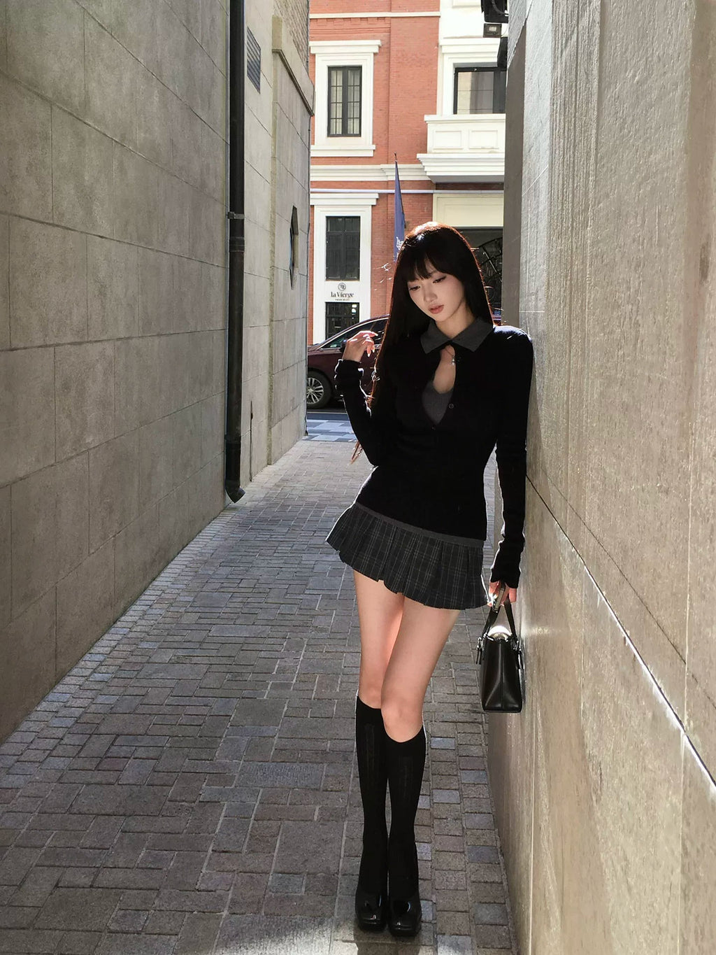 Black Top & Grey Plaid Mini Skirt Two-Piece Set