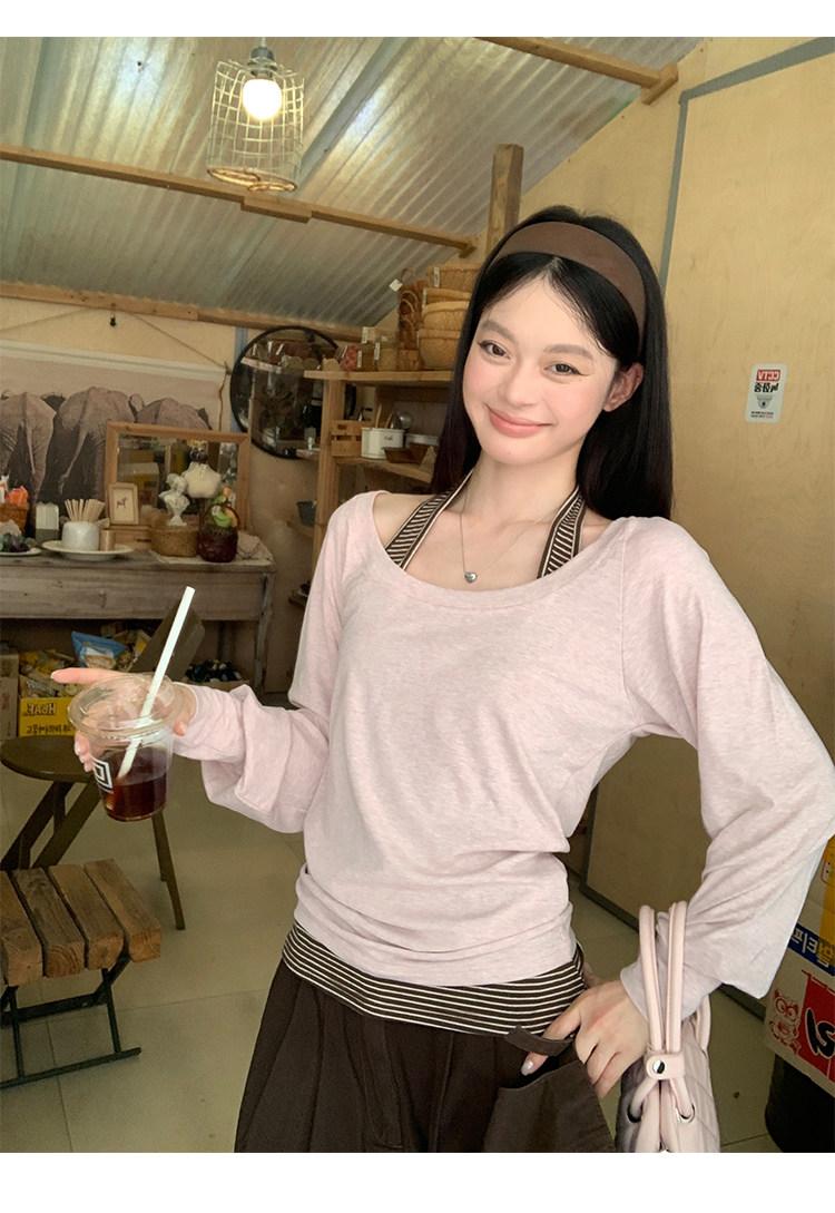 Pink Off-Shoulder Blouse Long Sleeve T-Shirt + Vest Two-Piece Set for Women