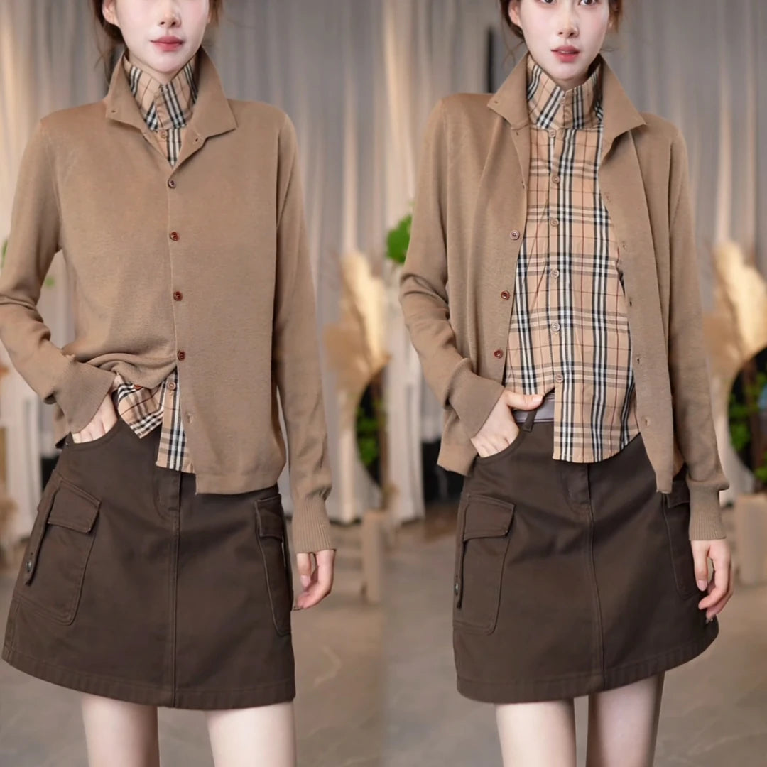 Women's Minimalist Faux Two-Piece Stand-Collar Knit Cardigan