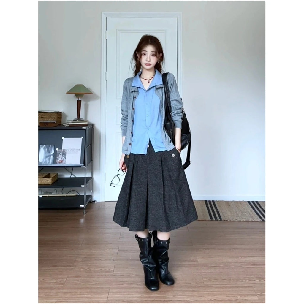 Women's Patchwork Fake Two-Piece Long Sleeve Blouse