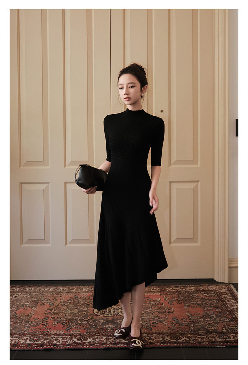 Women's Black Textured Pleated Dress with Stand Collar and Slim Fit
