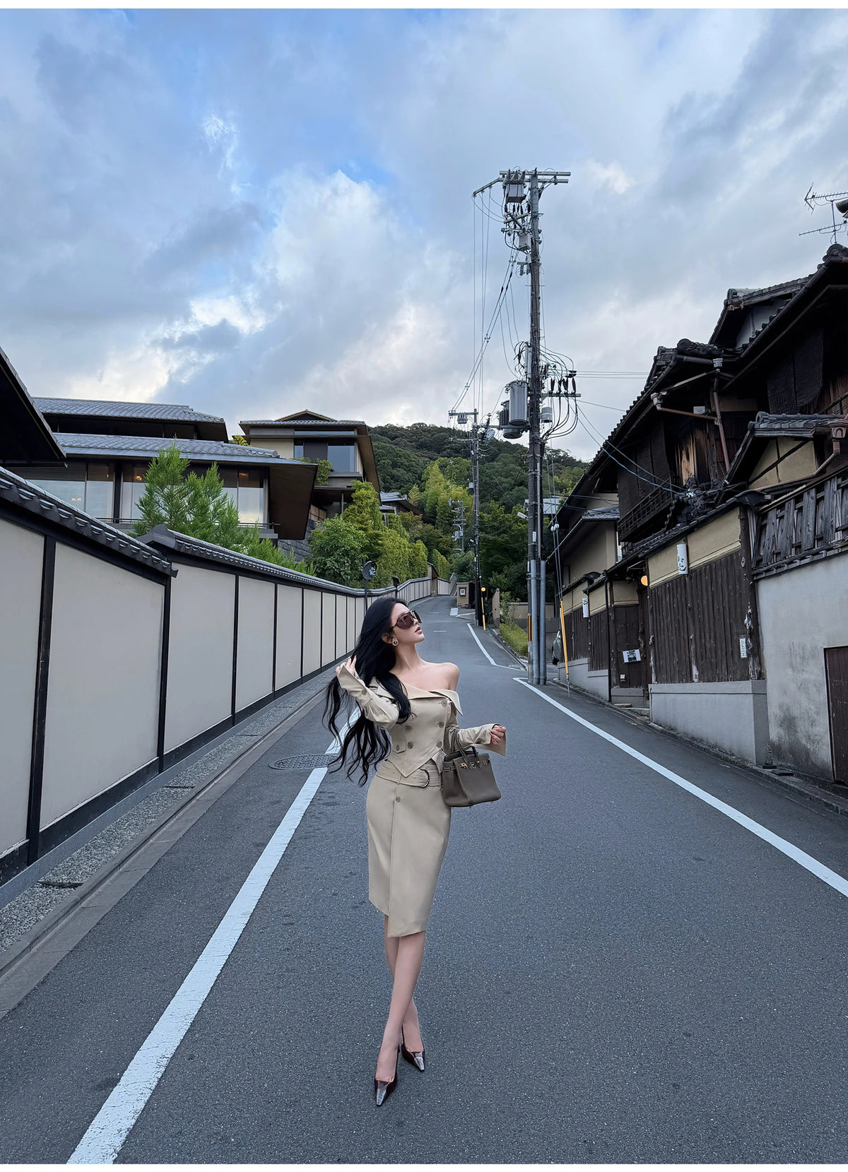 Cropped Double-Breasted Jacket & Straight Skirt Set with Wide Belt
