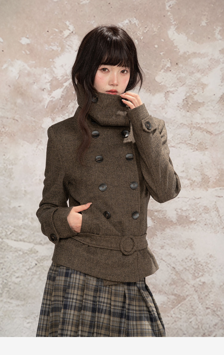 Double-Breasted Wide Lapel Wool Blend Short Coat