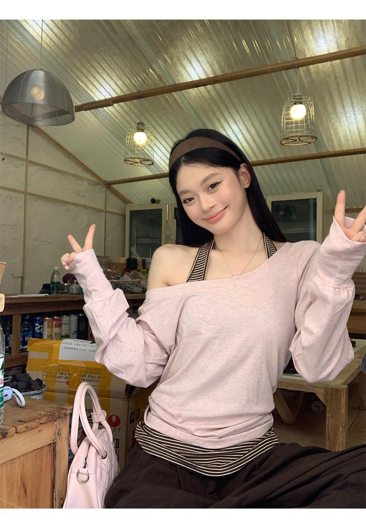 Pink Off-Shoulder Blouse Long Sleeve T-Shirt + Vest Two-Piece Set for Women