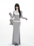 Grey Long-Sleeve Top and Fishtail Skirt Two-Piece Set