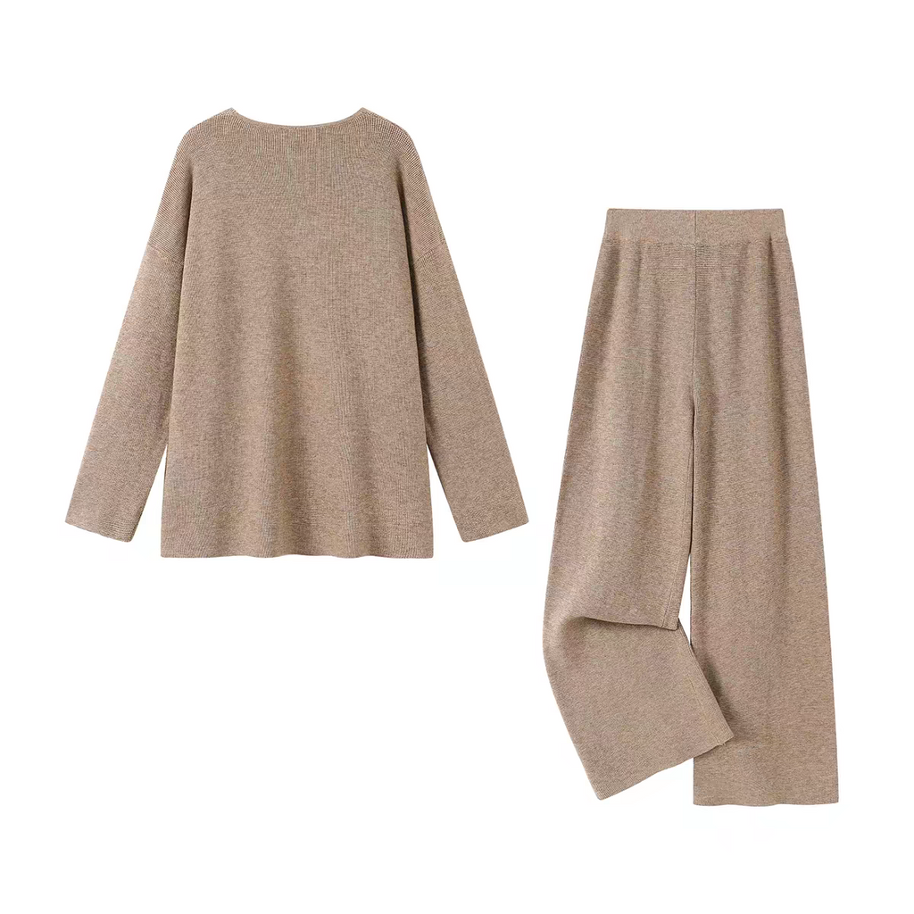 V-Neck Knit Sweater & Wide-Leg Pants Set