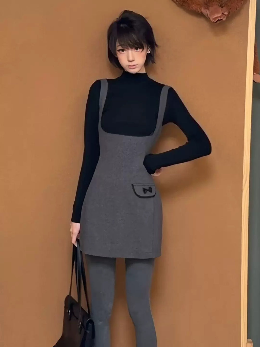 Grey Slip Dress Layered with a Black Turtleneck