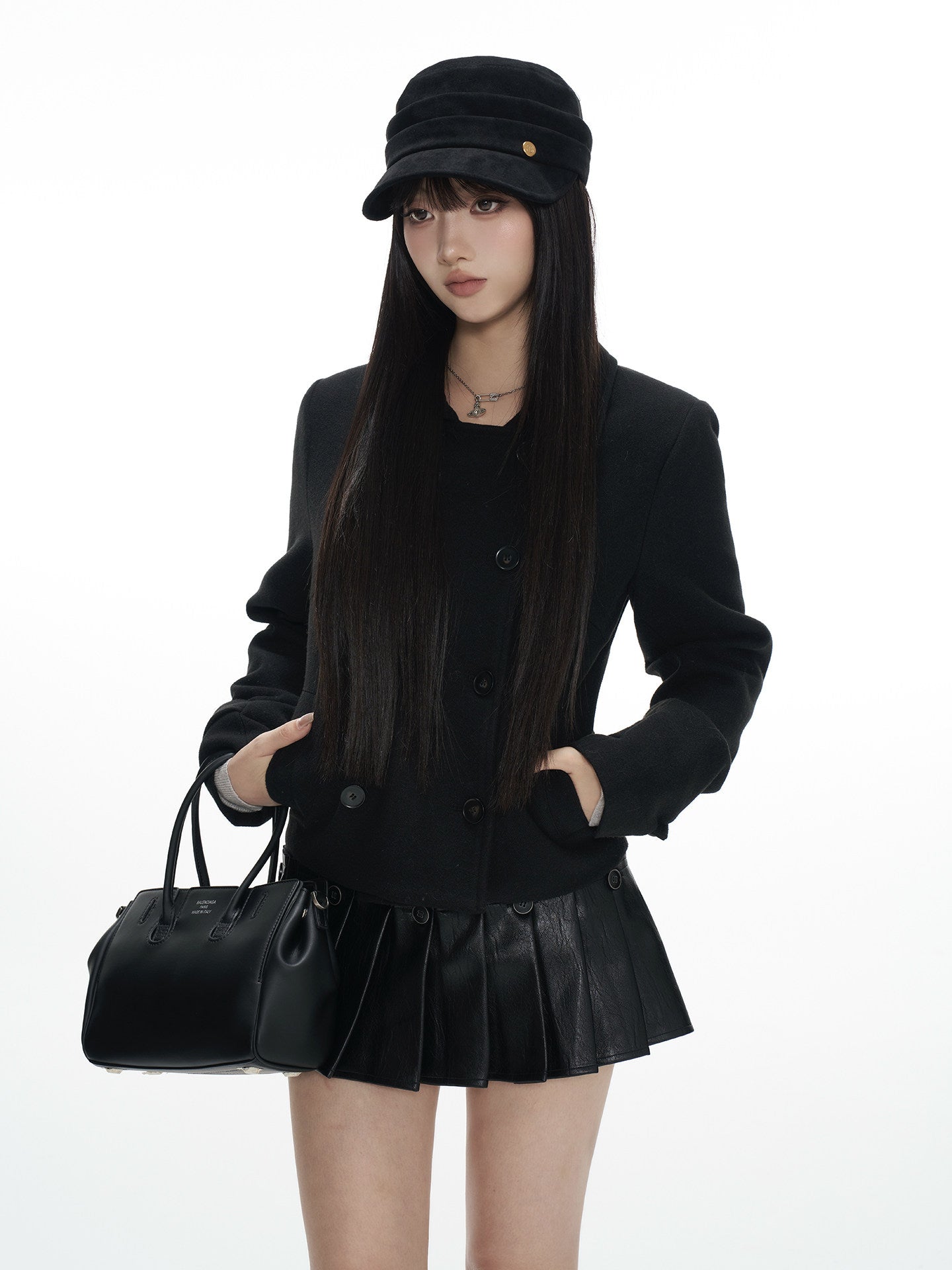 Square Shoulder Black Wool Blend Coat