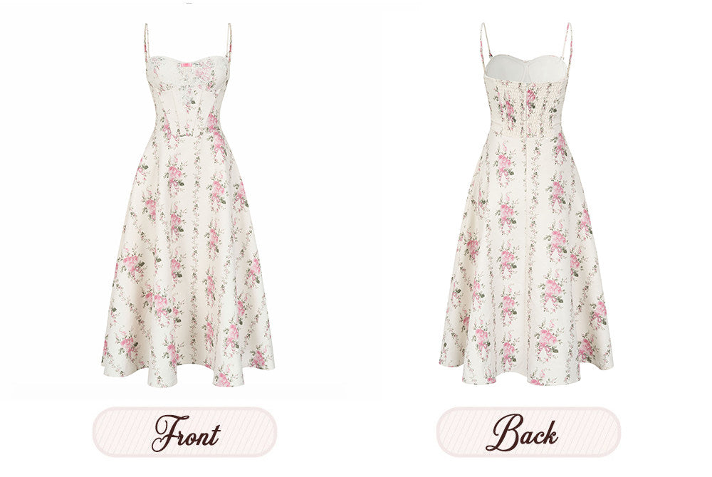 Women’s Floral Spaghetti Strap Dress with Boned Corset Waist