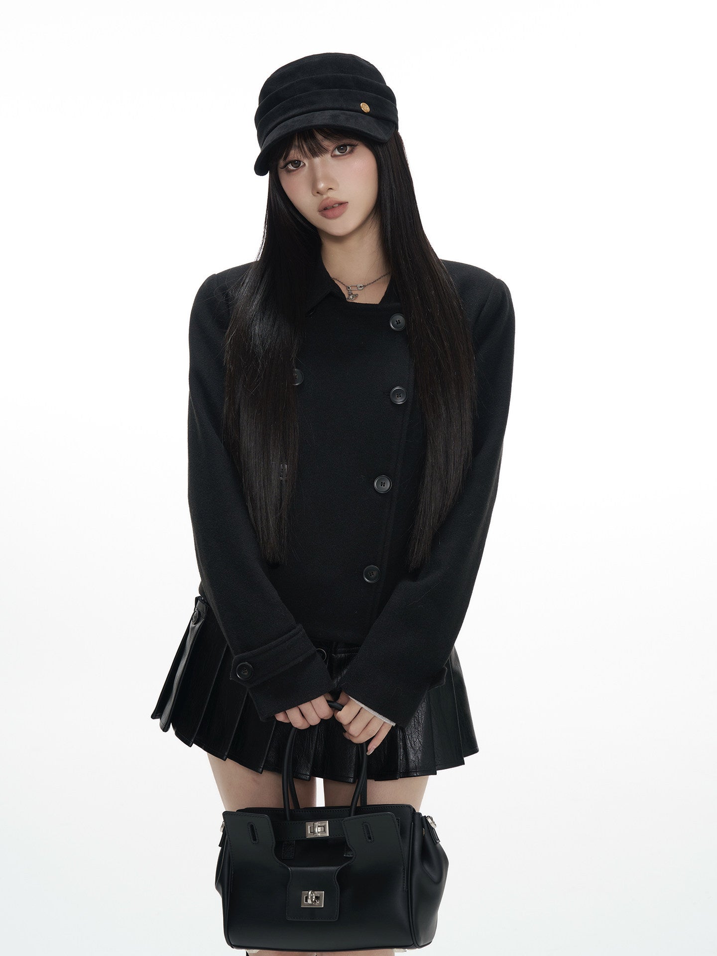 Square Shoulder Black Wool Blend Coat