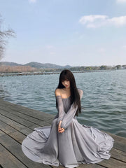 Grey Mesh Top and Skirt Set Women's Two-Piece Outfit