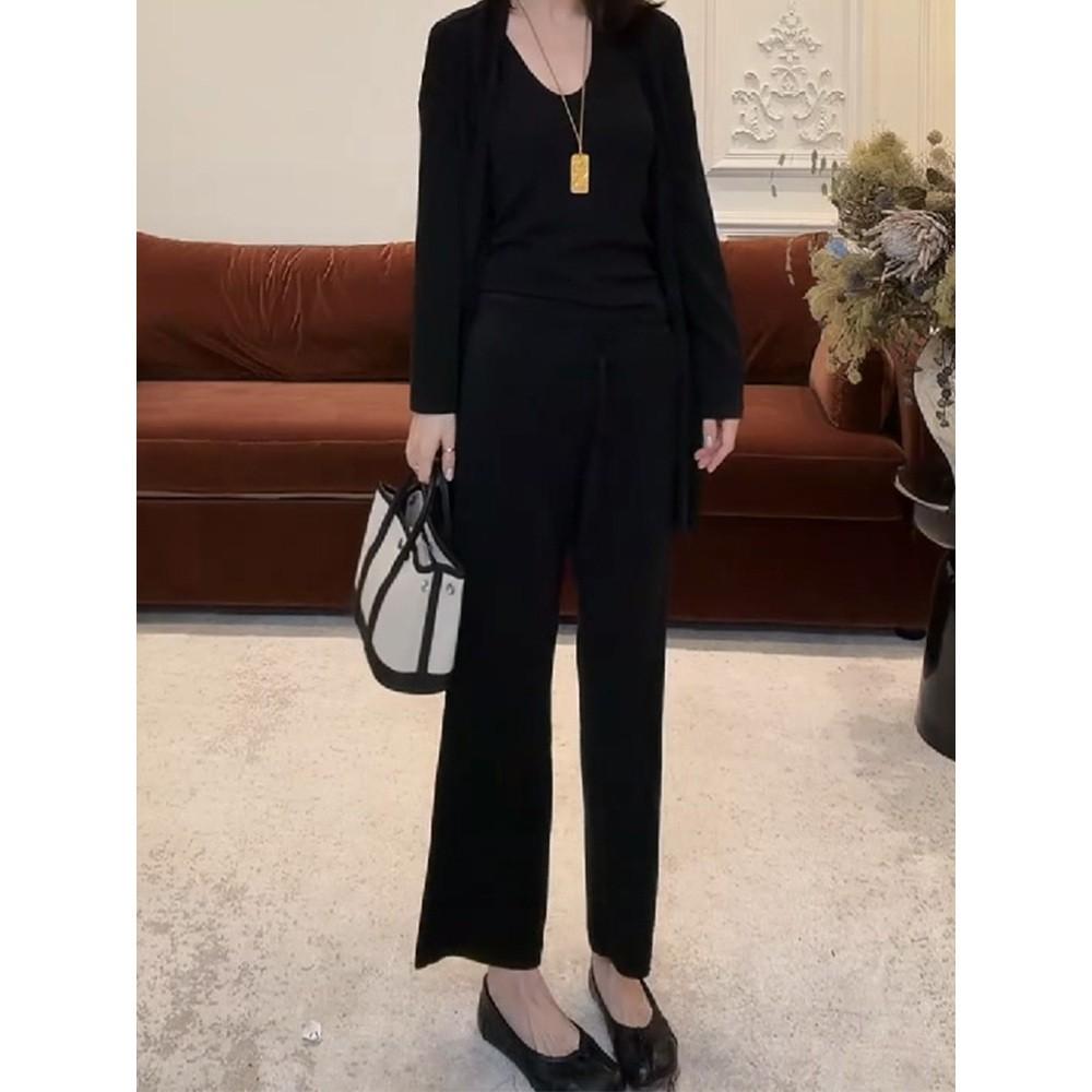 Women's Relaxed Three-Piece Set with Long-Sleeve Cardigan, Tank Top & Wide-Leg Pants
