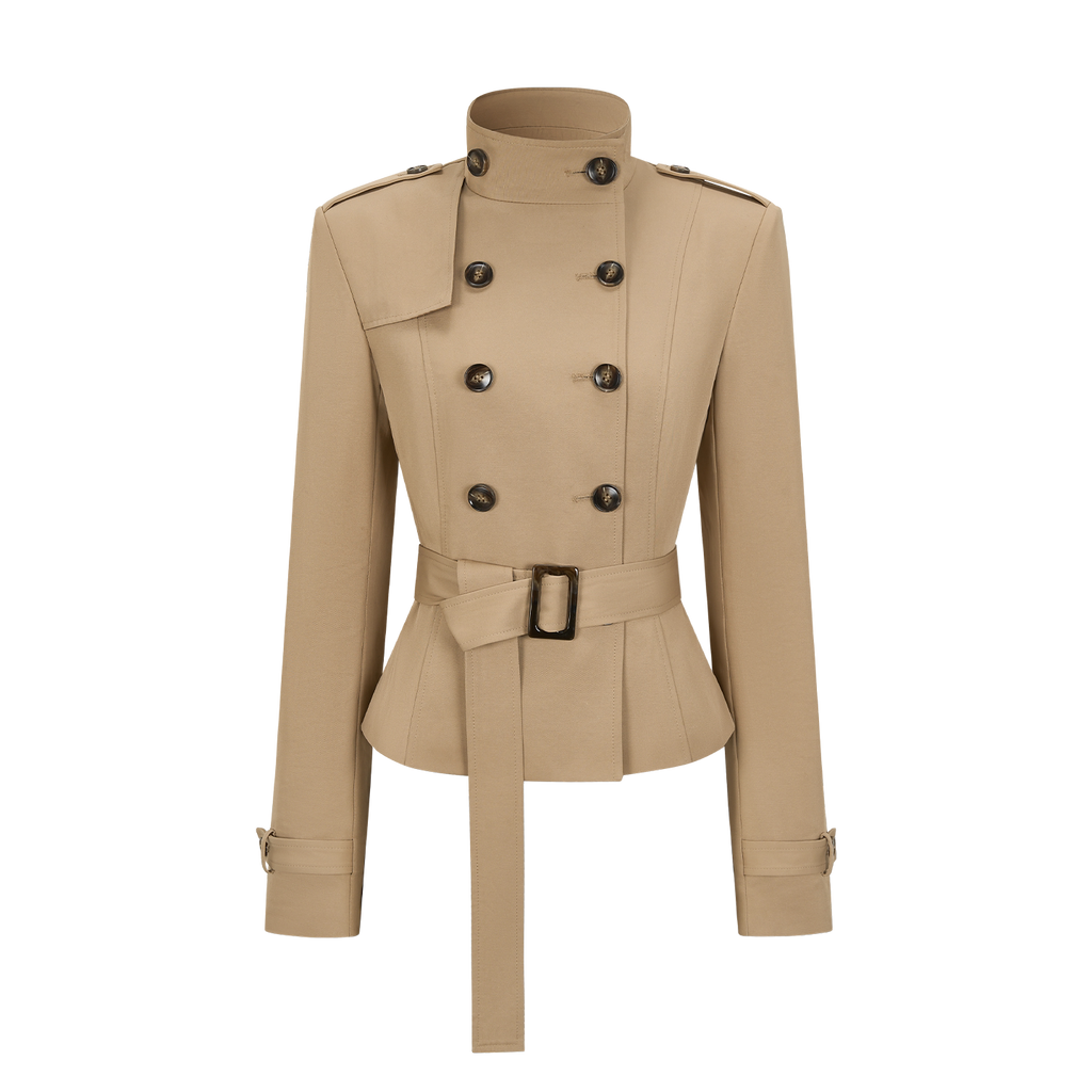 Square-Shoulder Double-Breasted Belted Trench Coat & Bodycon Fishtail Midi Skirt Set