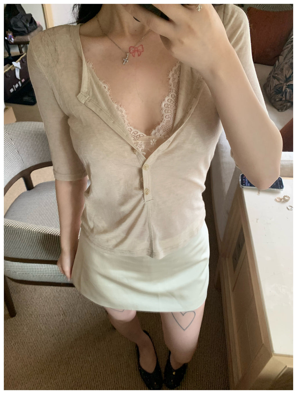 Women's Lace Fake Two-Piece Tencel Wool Long Sleeve Top