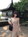 Long Asymmetrical Ruffle Hem Fitted Spaghetti Strap Mermaid Dress