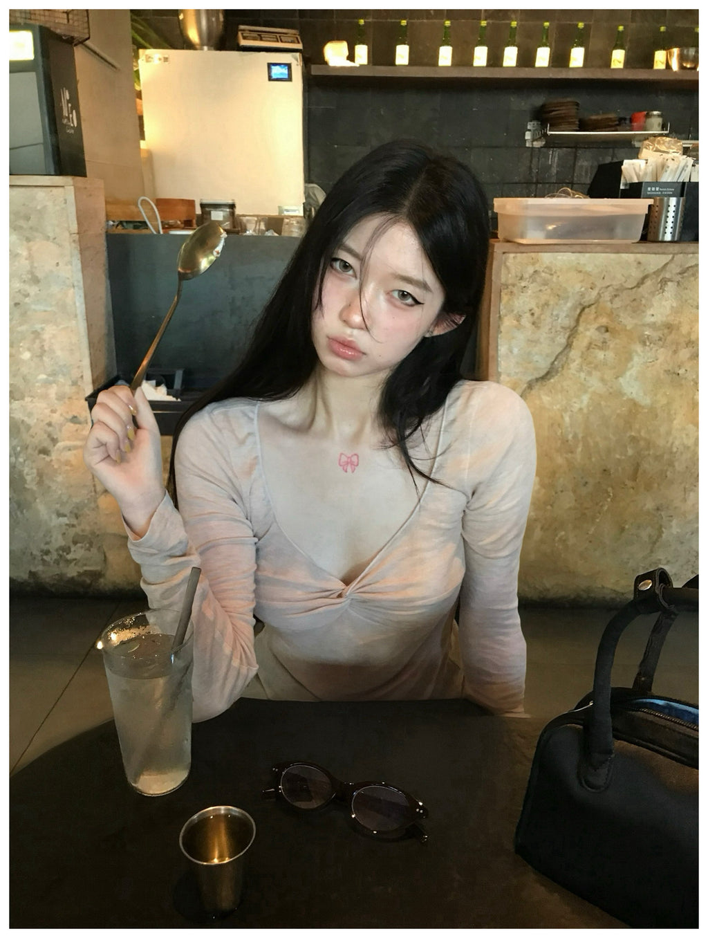여성용 텐셀 울 V넥 트위스트 프론트 긴팔 탑