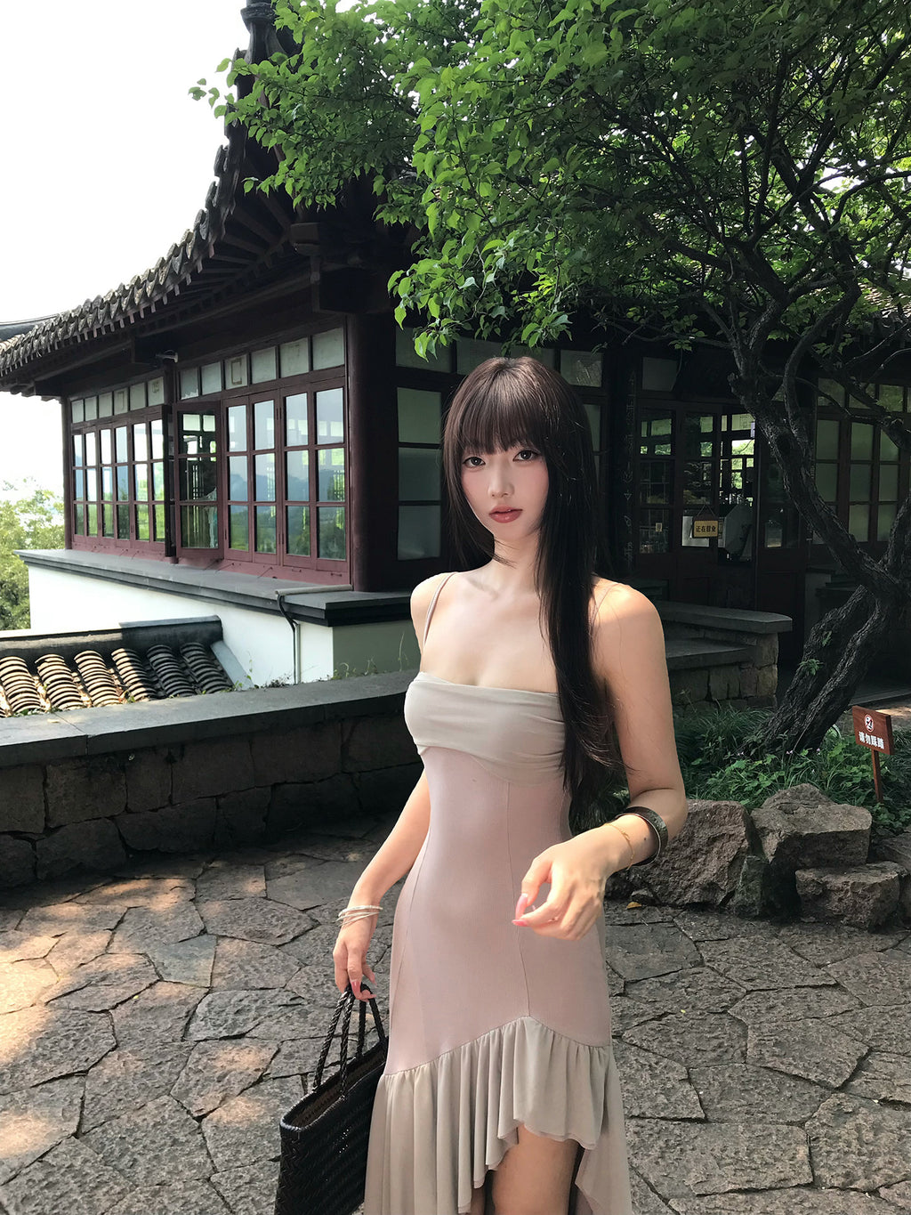Long Asymmetrical Ruffle Hem Fitted Spaghetti Strap Mermaid Dress