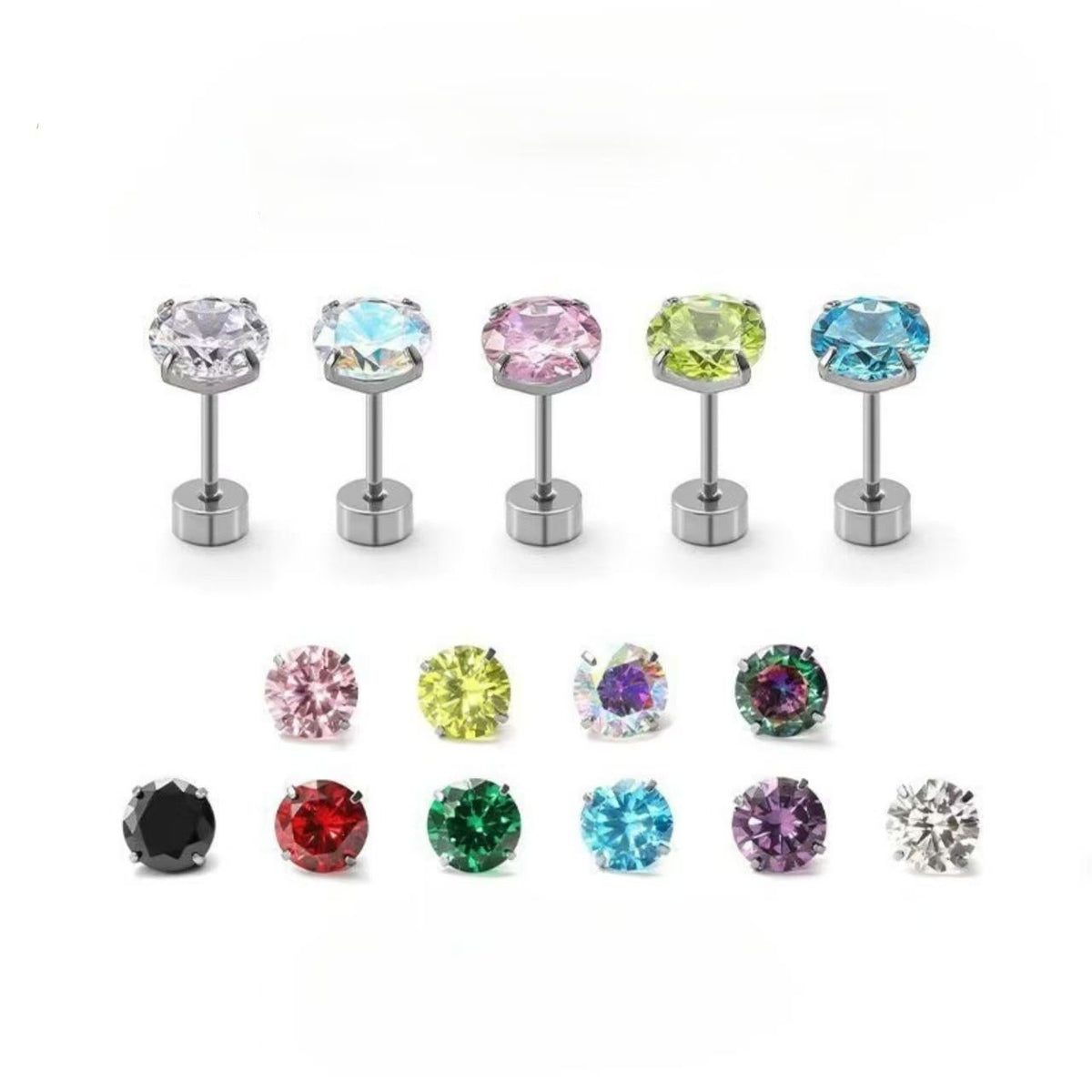 Colorful Zircon Stud Earrings Sparkly Luxury Ear Jewelry (6mm)