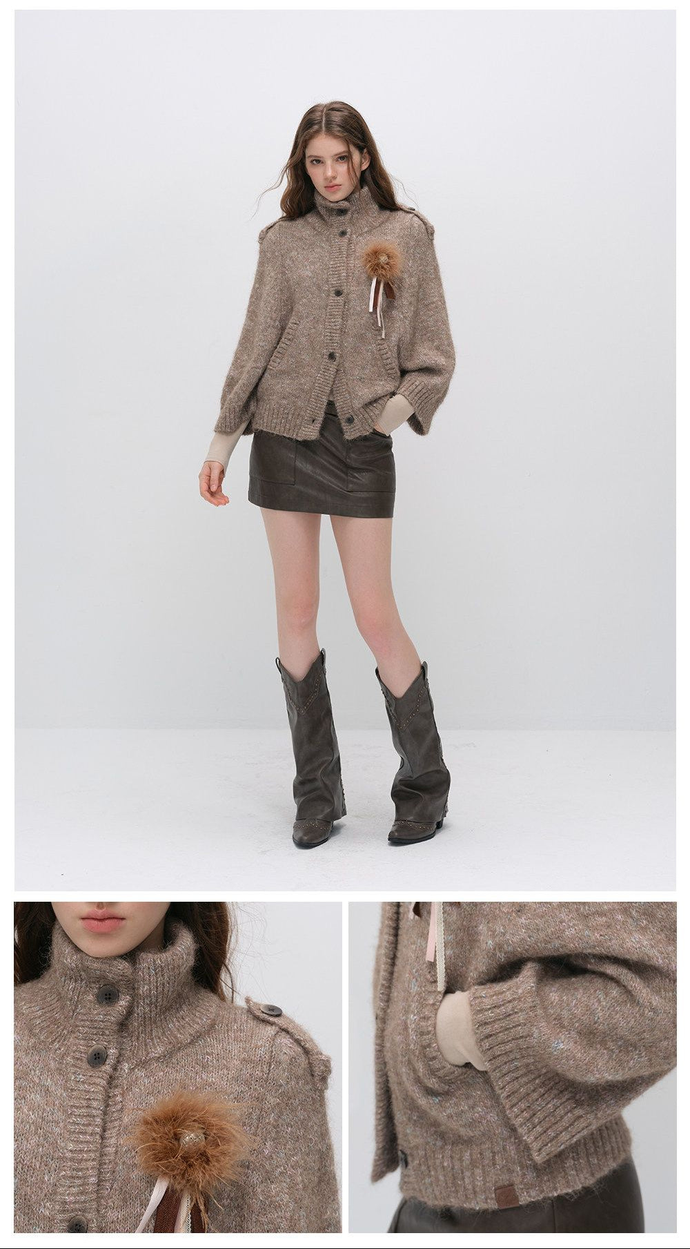 Vintage Stand Collar Heather Knit Cardigan