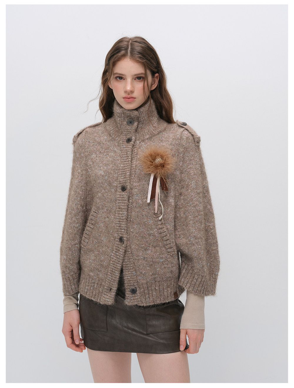 Vintage Stand Collar Heather Knit Cardigan