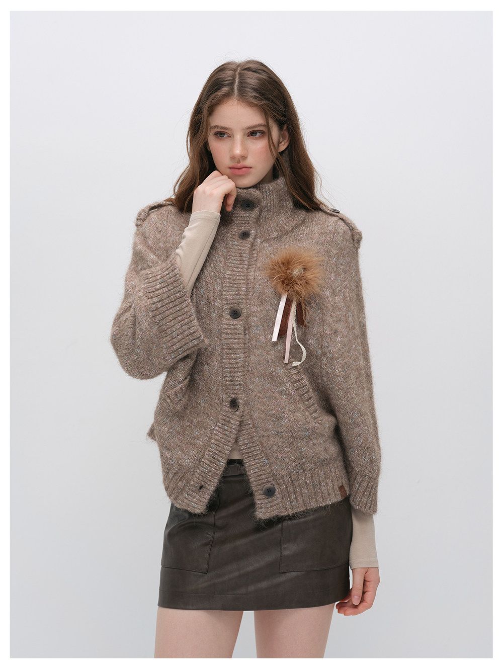 Vintage Stand Collar Heather Knit Cardigan