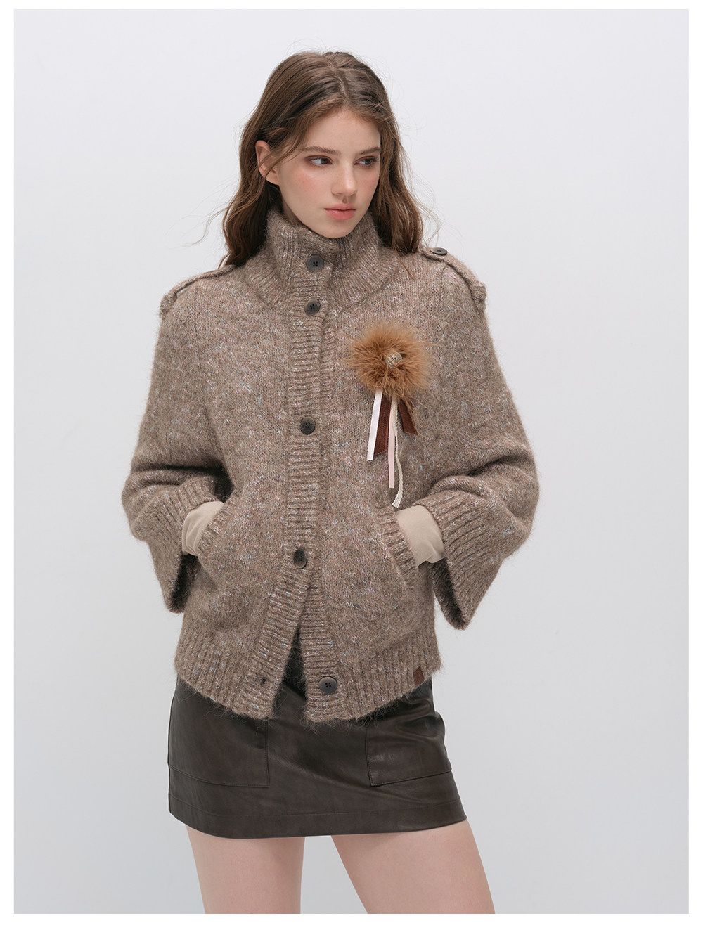 Vintage Stand Collar Heather Knit Cardigan