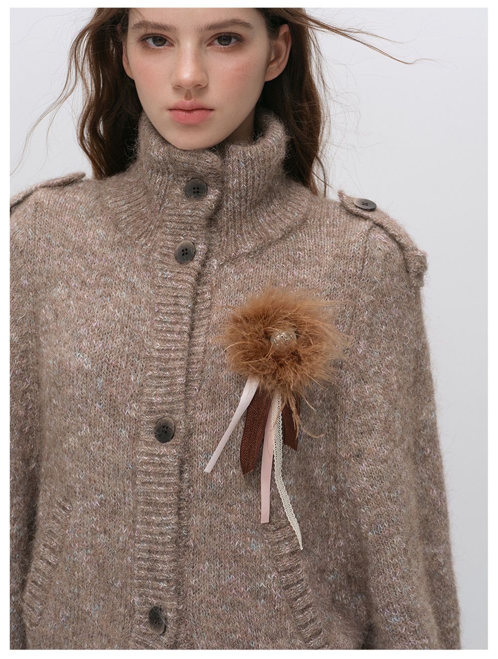 Vintage Stand Collar Heather Knit Cardigan