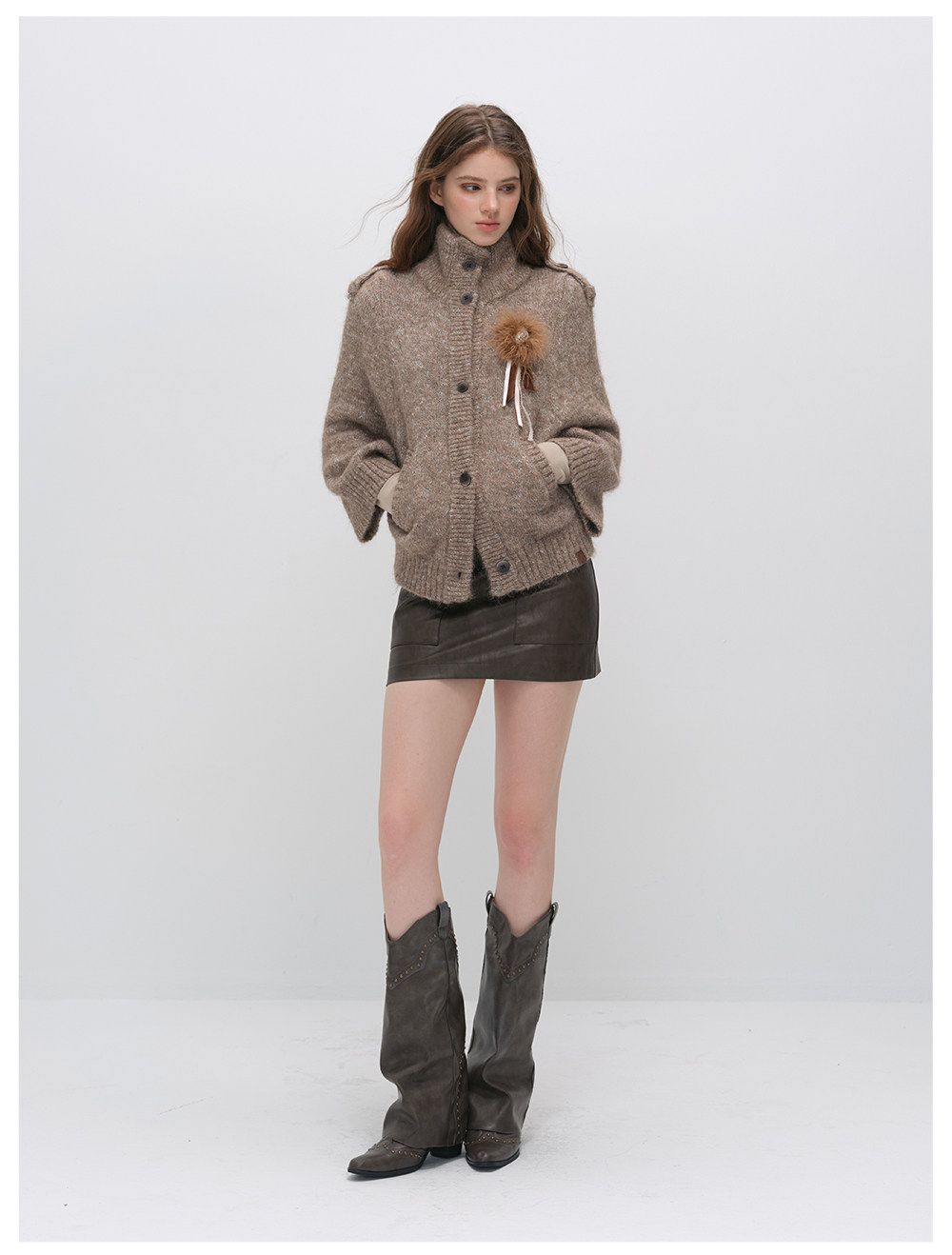 Vintage Stand Collar Heather Knit Cardigan