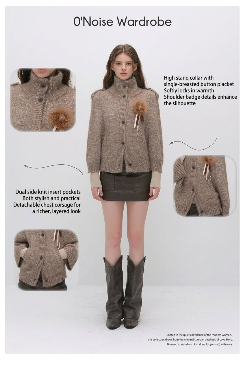 Vintage Stand Collar Heather Knit Cardigan