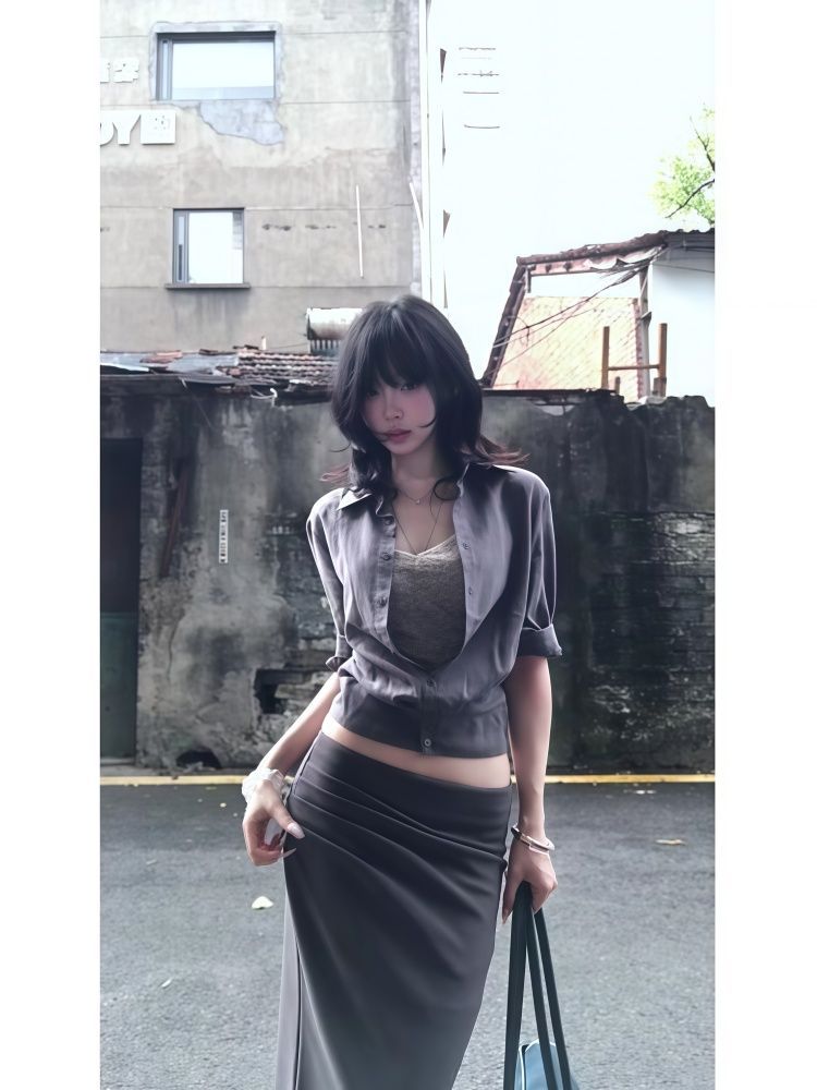 Premium Grey Mid-Sleeve Cropped Shirt + Lace Camisole + Shirt Midi Skirt