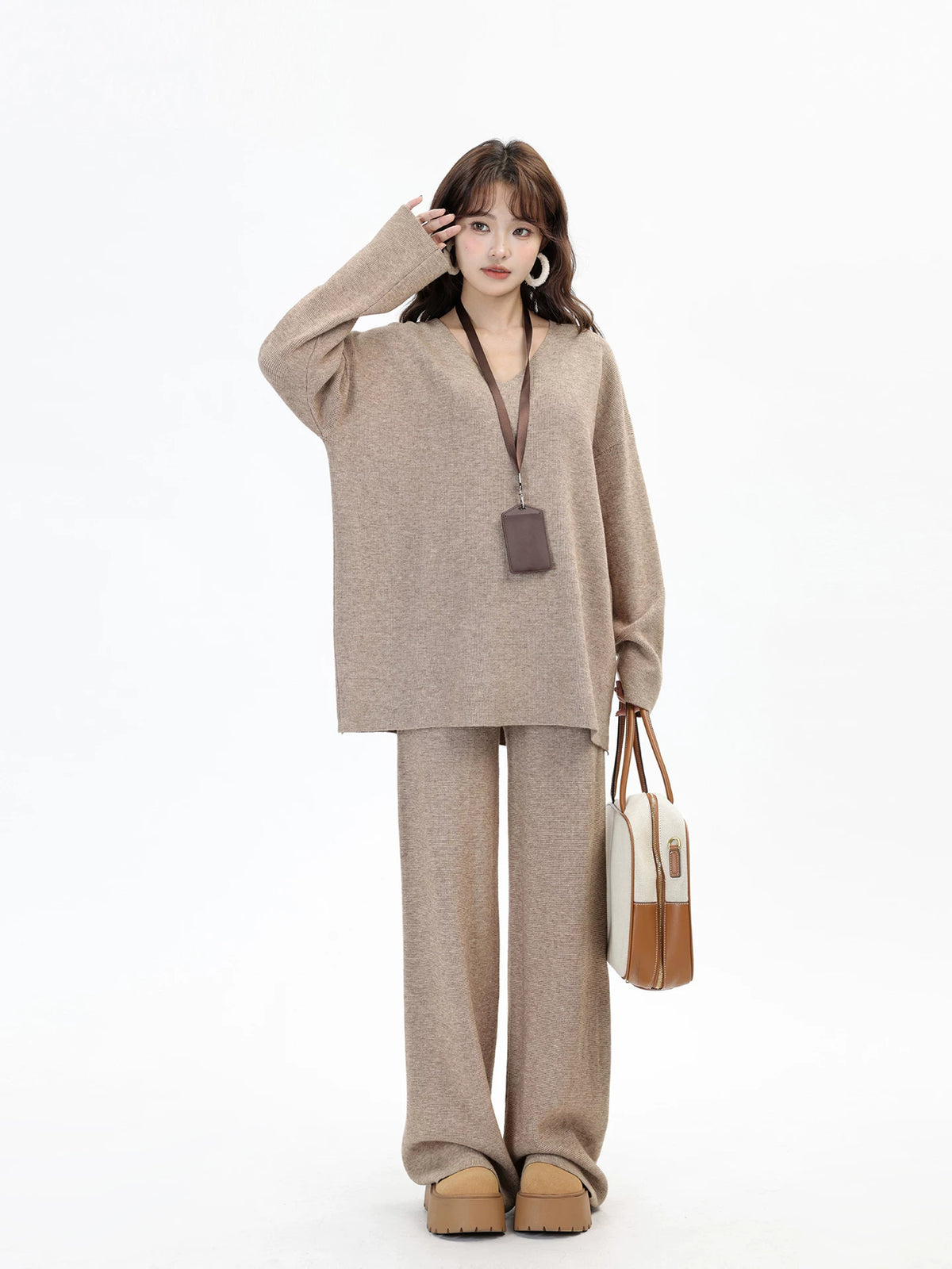 V-Neck Knit Sweater & Wide-Leg Pants Set