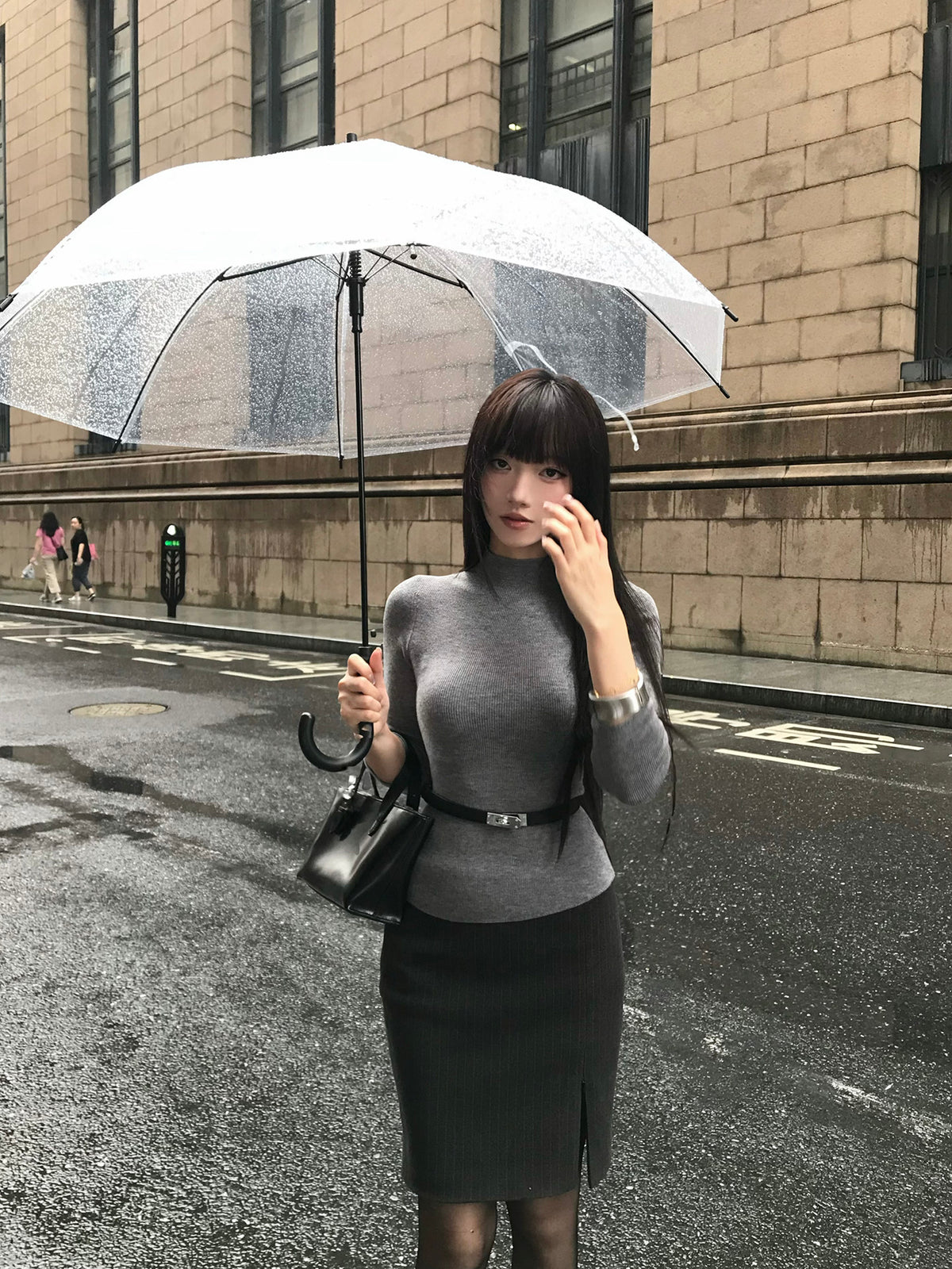 Grey Long Sleeve Sweater + Dark Grey Slit Midi Skirt