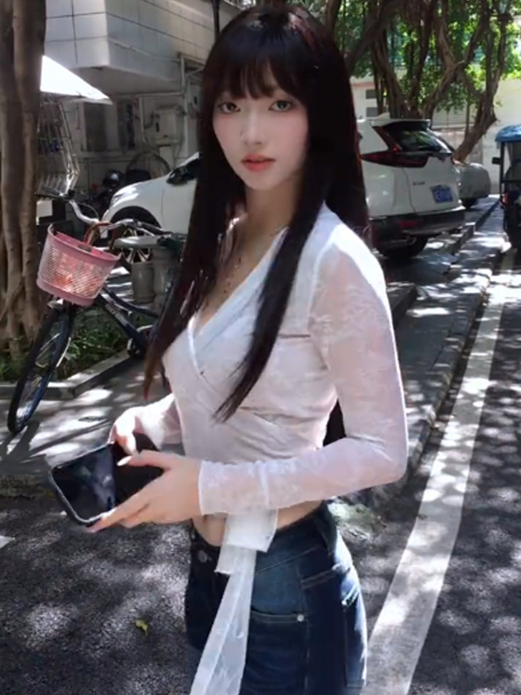 レース長袖Tシャツ、レギュラーショルダー