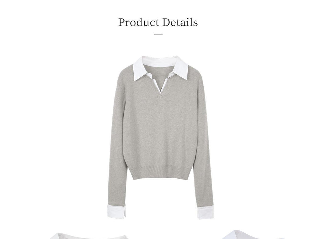 Korean-Style Mock Two-Piece Collared Knit Top for Women
