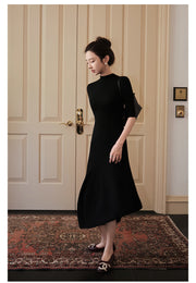 Women's Black Textured Pleated Dress with Stand Collar and Slim Fit