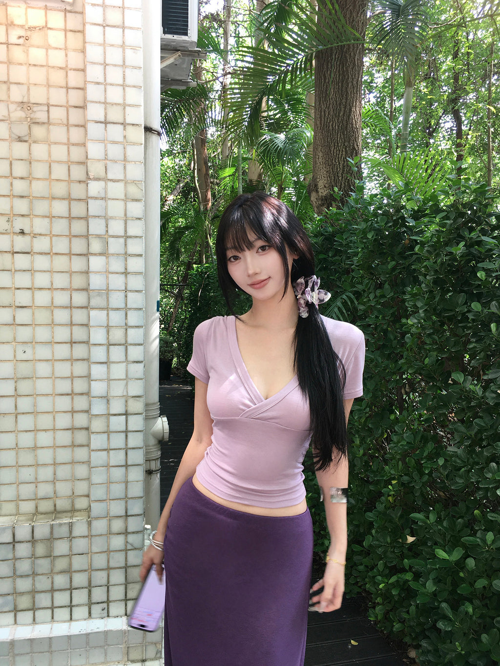 Purple V-neck short-sleeve top