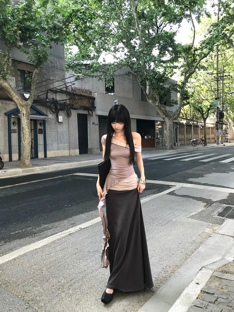 Sash top and spliced bodycon long skirt set