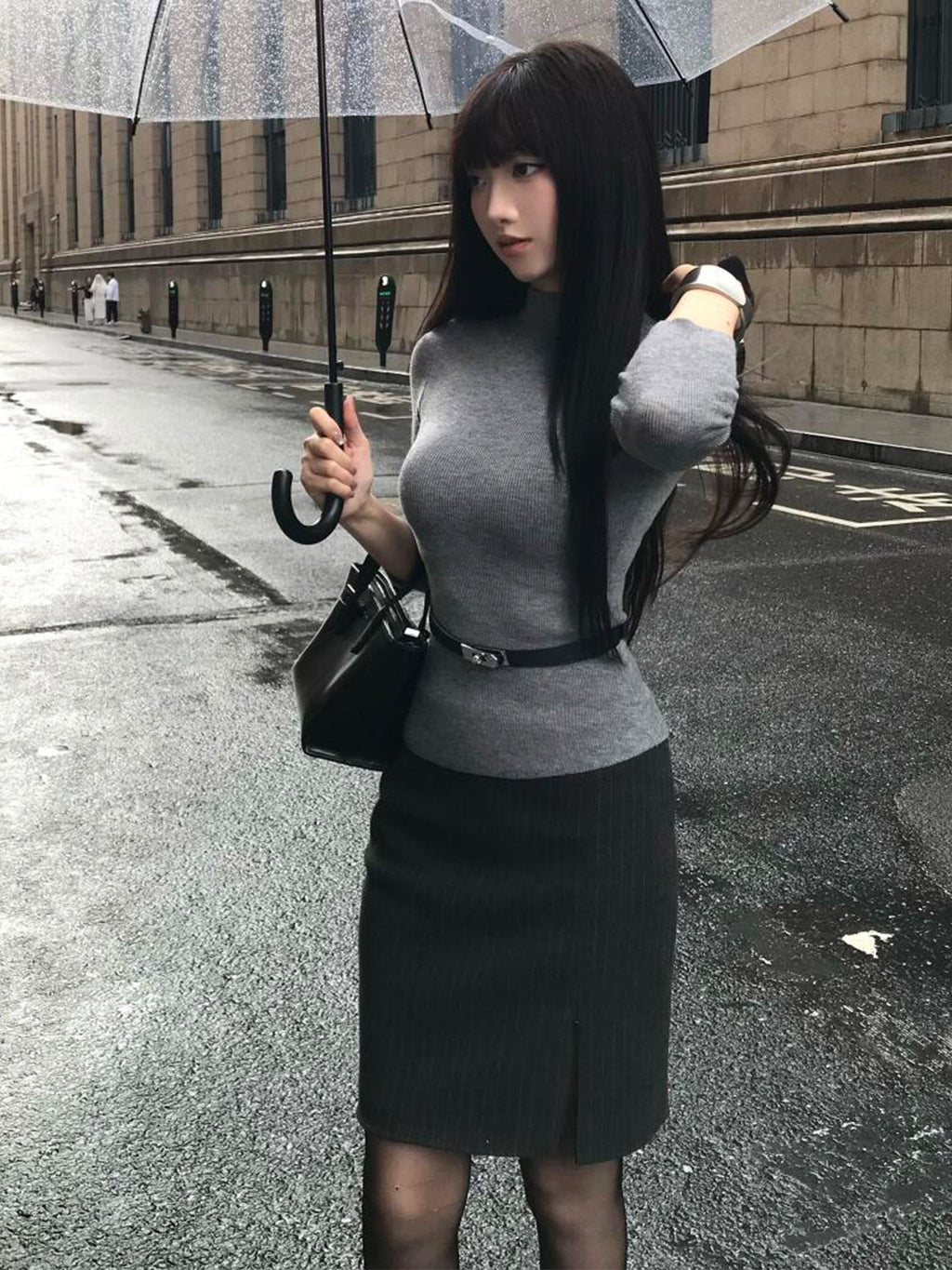 Grey Long Sleeve Sweater + Dark Grey Slit Midi Skirt