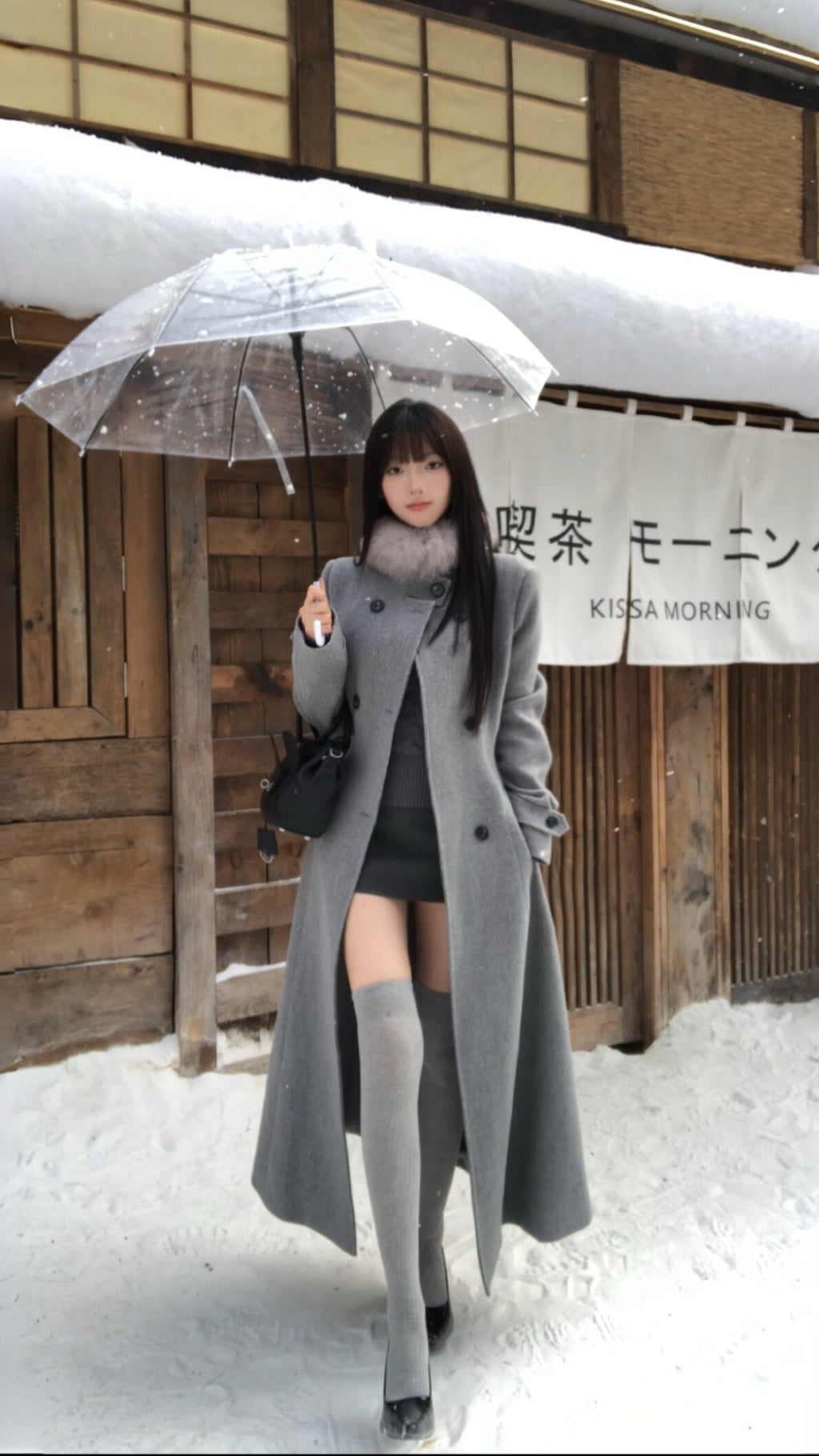 Waist-Defined Wool Coat with Structured Shoulders, Without a Fur Collar Scarf