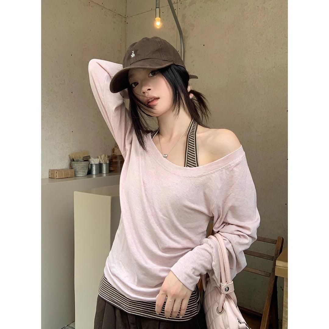 Pink Off-Shoulder Blouse Long Sleeve T-Shirt + Vest Two-Piece Set for Women