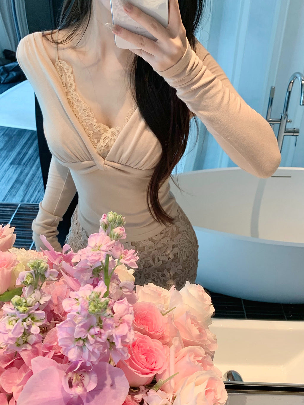 Lace Bodycon Skirt Two-Piece Set with Faux Top Layer