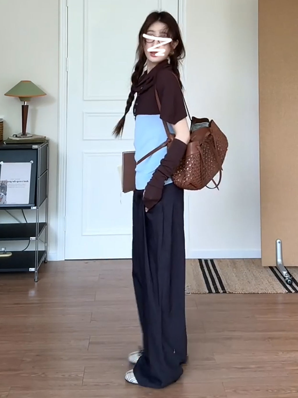 브라운 슬리브 탑 블루 이너 와이드 팬츠 세트