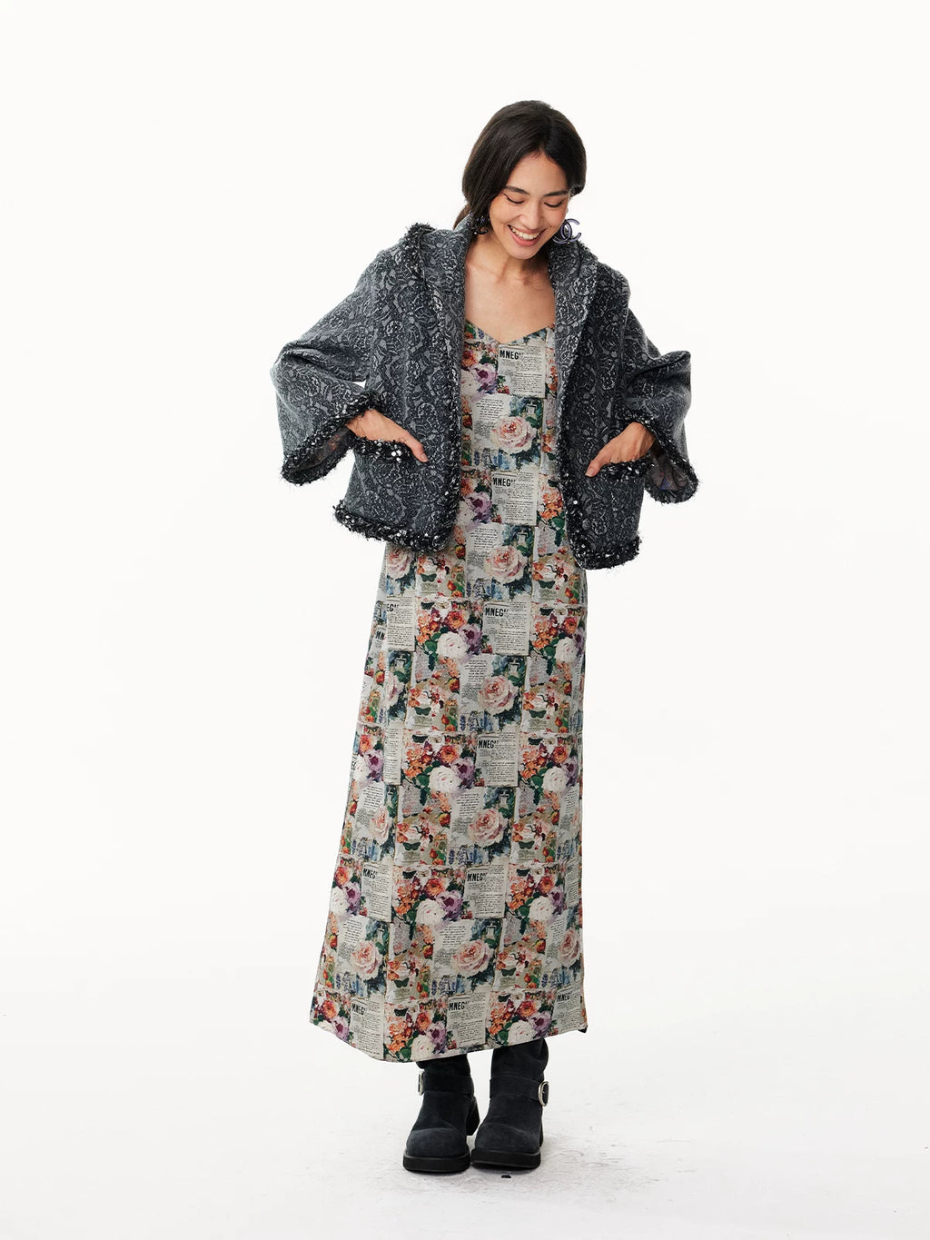 Vintage Newspaper & Floral Print Pearlescent Pink Spaghetti Strap Maxi Dress with Shawl