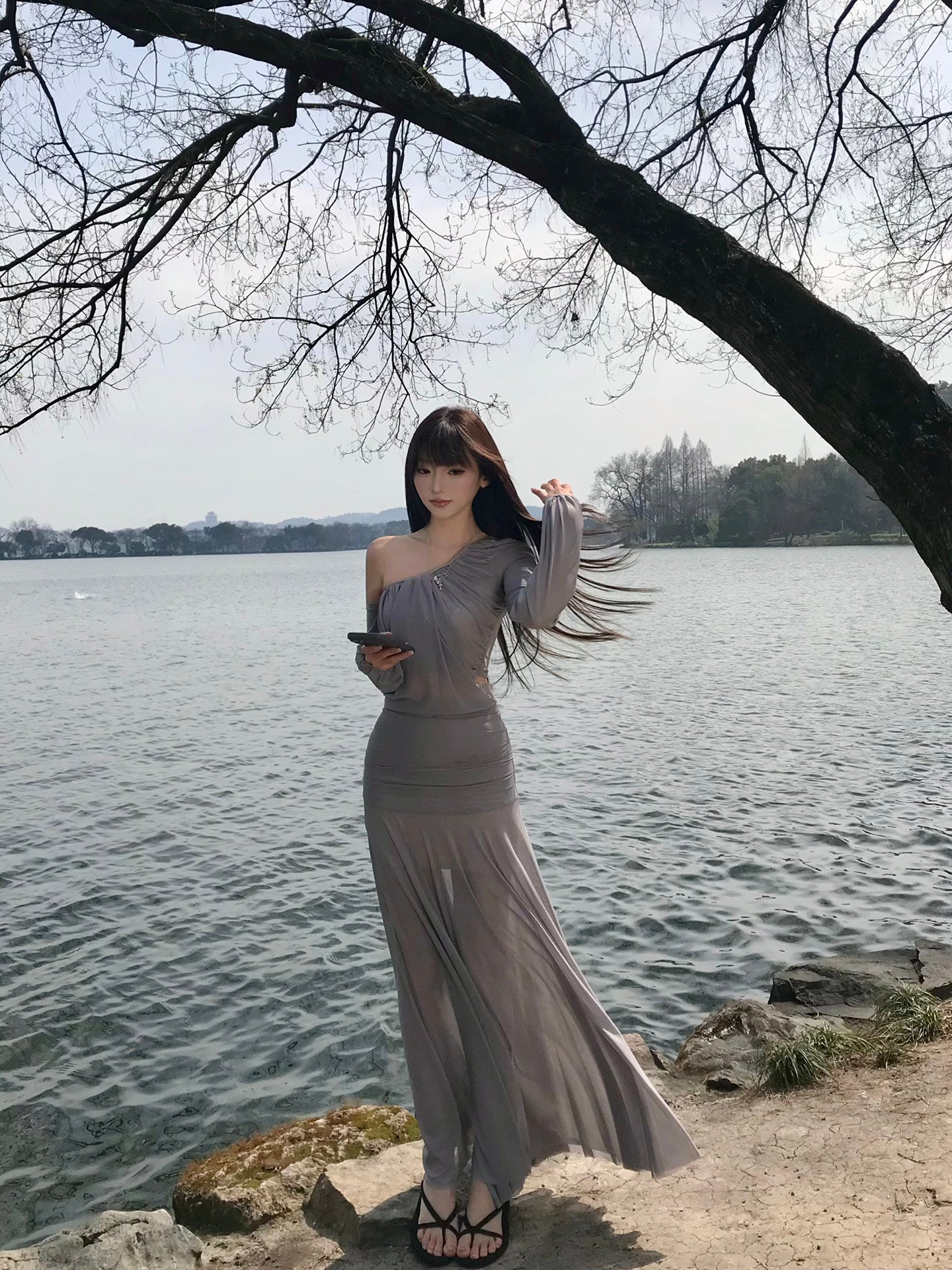 Grey Mesh Top and Skirt Set Women's Two-Piece Outfit