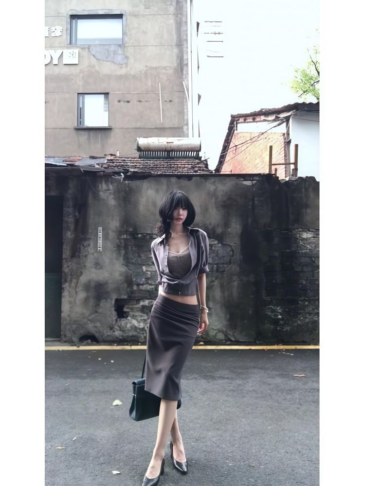 Premium Grey Mid-Sleeve Cropped Shirt + Lace Camisole + Shirt Midi Skirt