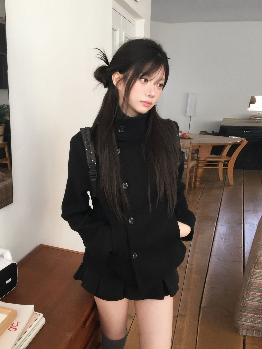 Stand-Collar Wool-Blend Coat & Skirt Set with Detachable Belt