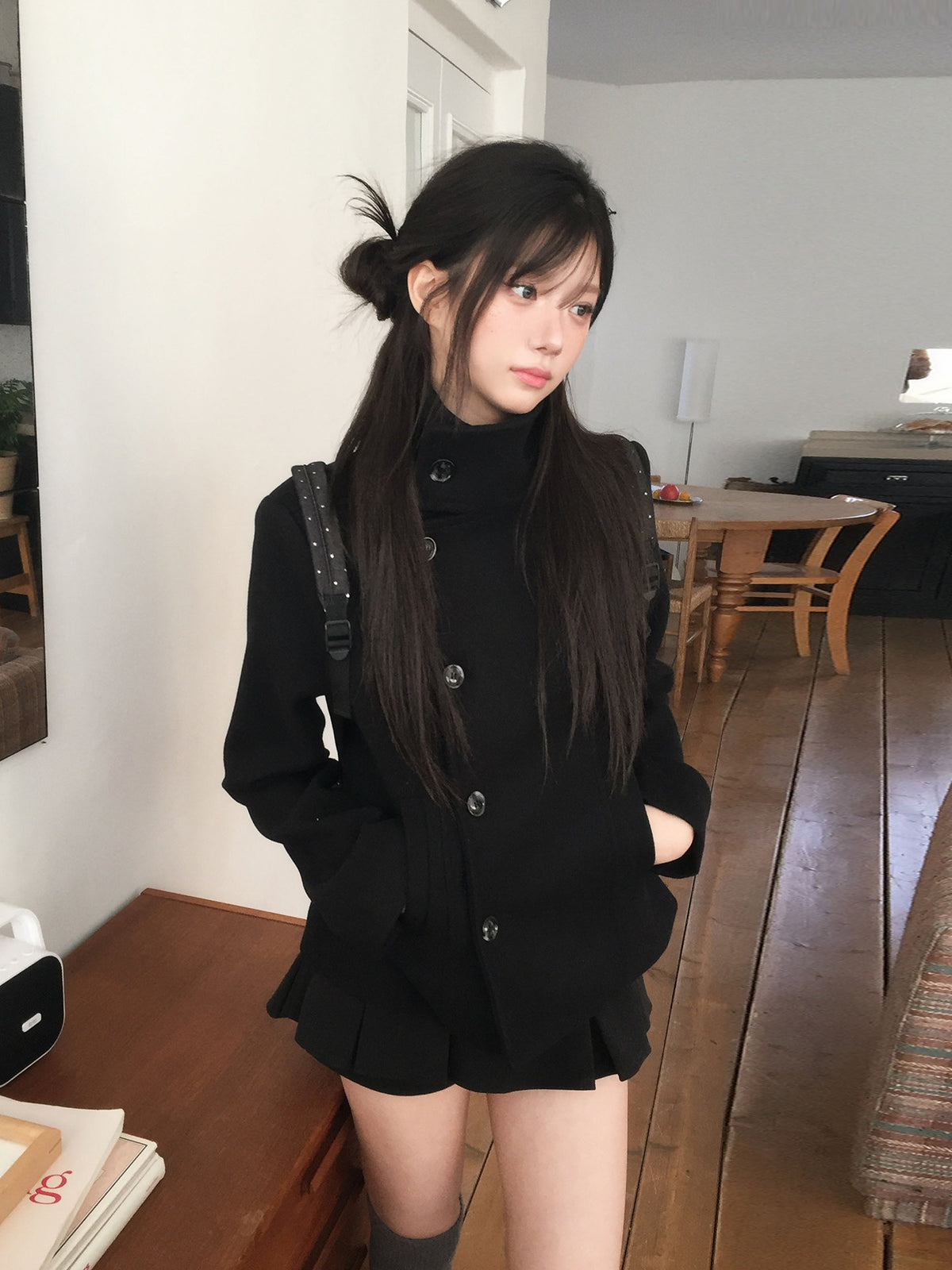 Stand-Collar Wool-Blend Coat & Skirt Set with Detachable Belt
