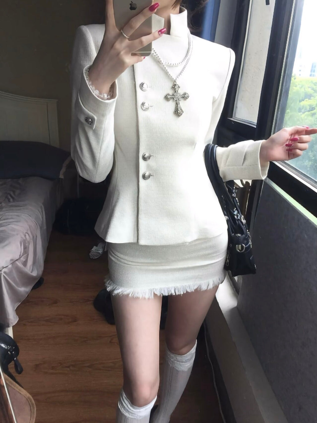 Elegant Fitted Jacket+ Low Rise Fringe Skirt Set for Women