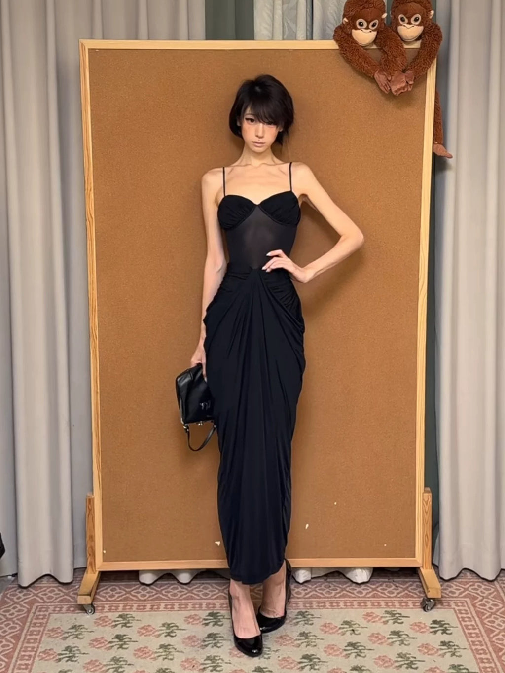 Black Mesh V-Neck Cami Dress