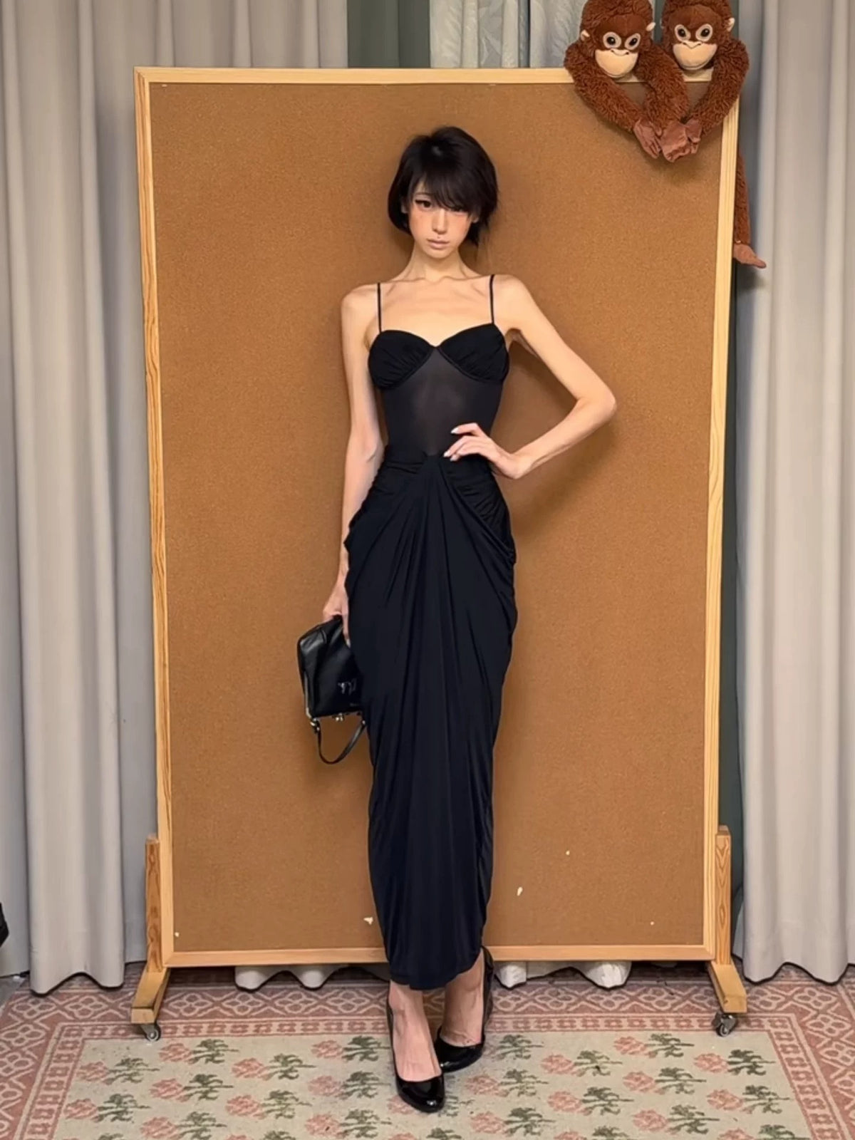 Black Mesh V-Neck Cami Dress